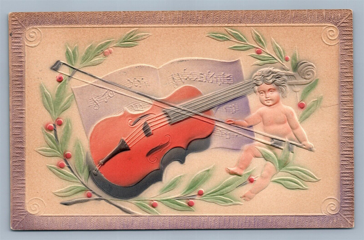 VALENTINE ANTIQUE EMBOSSED POSTCARD CUPID w/ VIOLIN & MUSIC NOTES