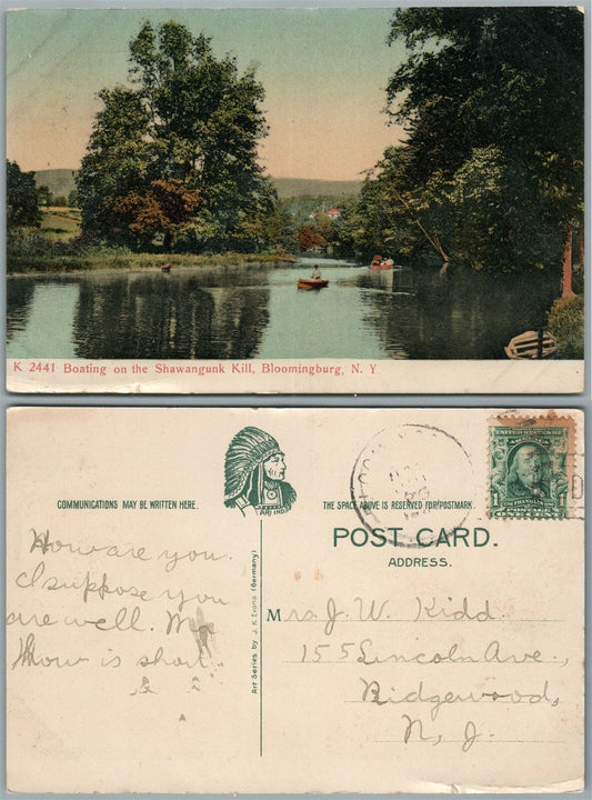 BLOOMINGBURG N.Y. BOATING on SHAWANGUNK KILL ANTIQUE POSTCARD