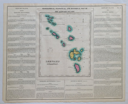 1822 MAP of LEEWARD ISLANDS GEOGRAPHICAL STATISTICAL HISTORICAL antique 17.5x22"