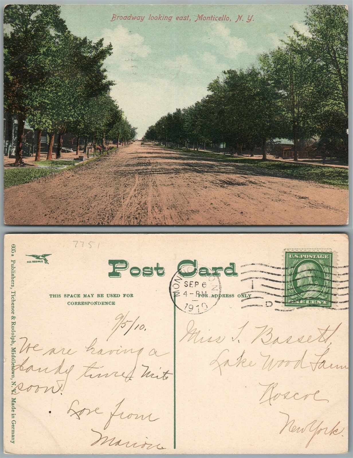 MONTICELLO N.Y. BROADWAY 1910 ANTIQUE POSTCARD