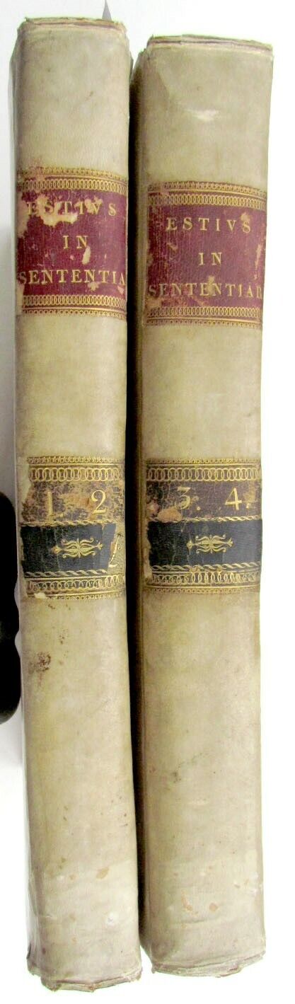 1680 2 volumes ANTIQUE VELLUM BOUND FOLIOS Guillelmi Estii Commentaria