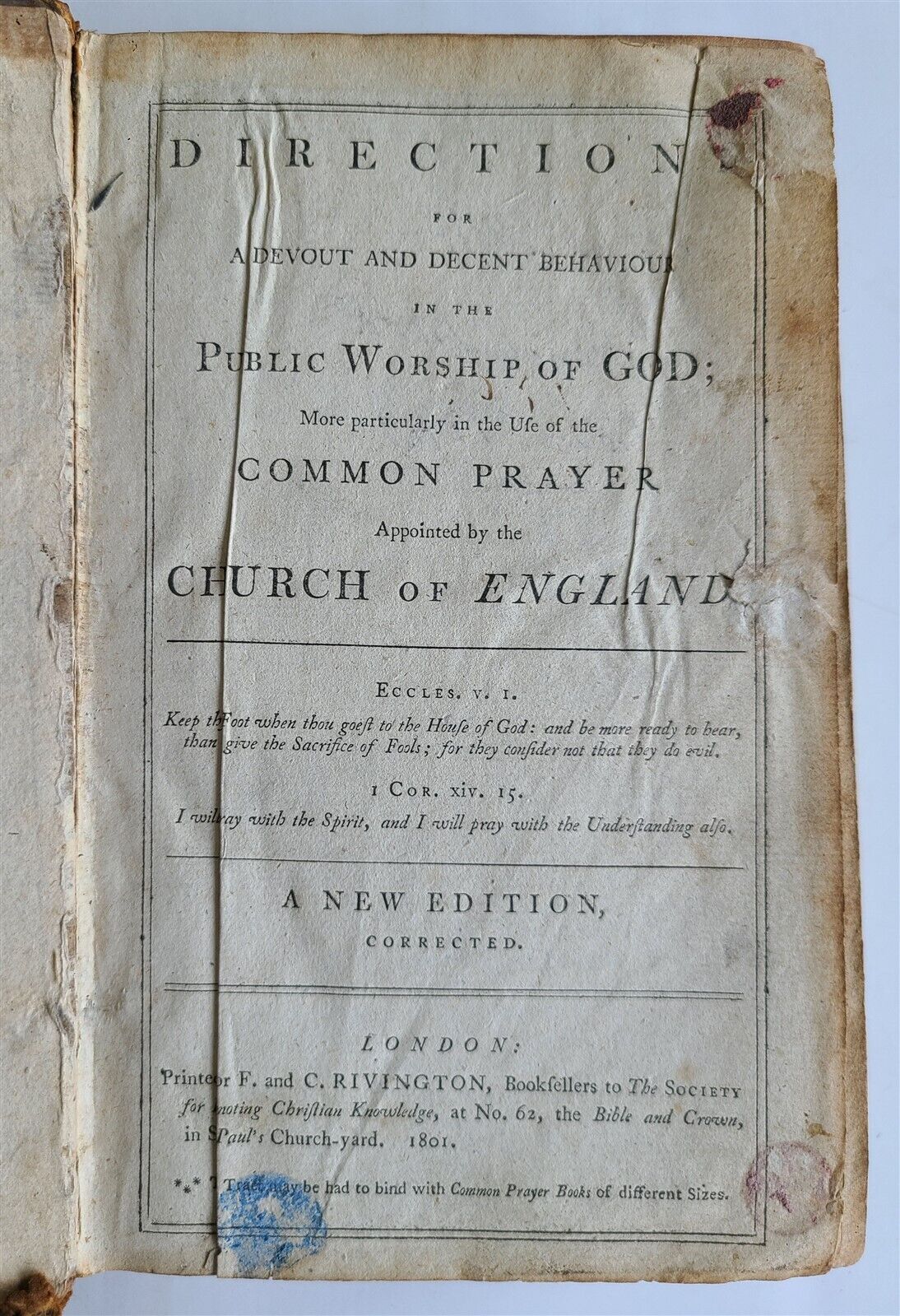 1801 DIRECTION for DEVOUT & DECENT BEHAVIOUR in PUBLIC WORSHIP of GOD antique