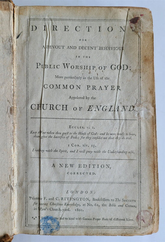 1801 DIRECTION for DEVOUT & DECENT BEHAVIOUR in PUBLIC WORSHIP of GOD antique