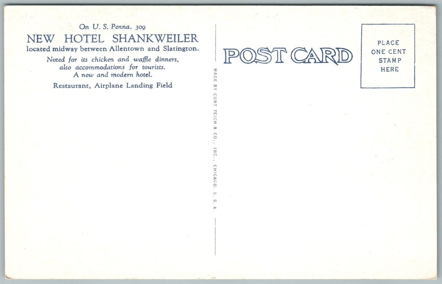 OREFIELD PA NEW HOTEL SHANKWEILER VINTAGE POSTCARD