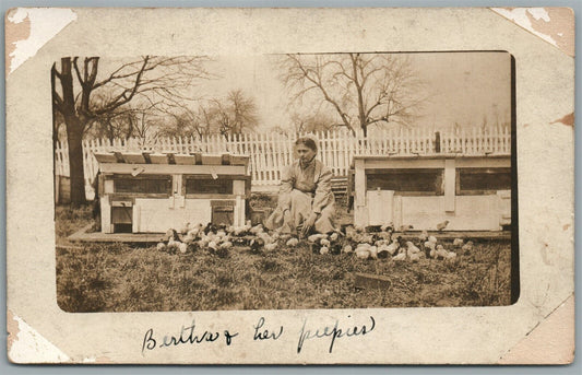 COUNTRY GIRL w/ CHICKS ANTIQUE REAL PHOTO POSTCARD RPPC