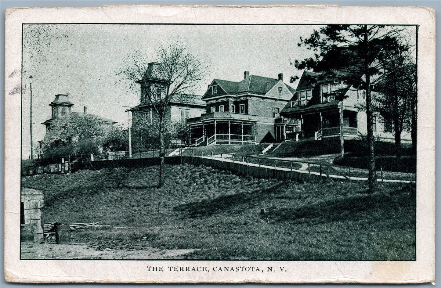 CANASTOTA NY THE TERRACE 1908 ANTIQUE POSTCARD w/ CORK CANCEL