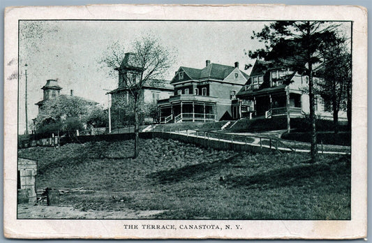 CANASTOTA NY THE TERRACE 1908 ANTIQUE POSTCARD w/ CORK CANCEL