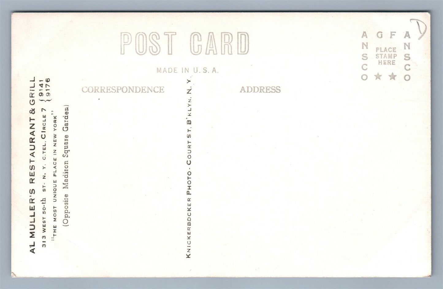 NEW YORK CITY AL MULLER'S RESTAURANT INTERIOR VINTAGE REAL PHOTO POSTCARD RPPC