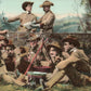 US SOLDIERS AT REST w/ AMERICAN FLAG WWI MILITARY ANTIQUE POSTCARD