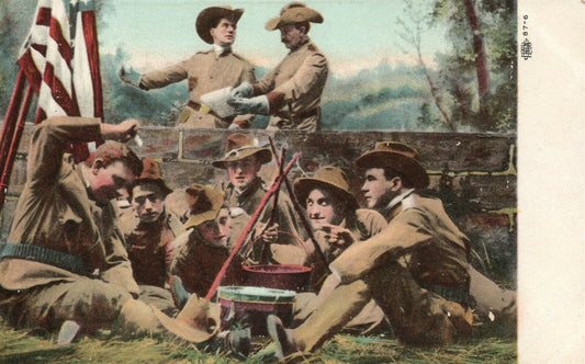 US SOLDIERS AT REST w/ AMERICAN FLAG WWI MILITARY ANTIQUE POSTCARD