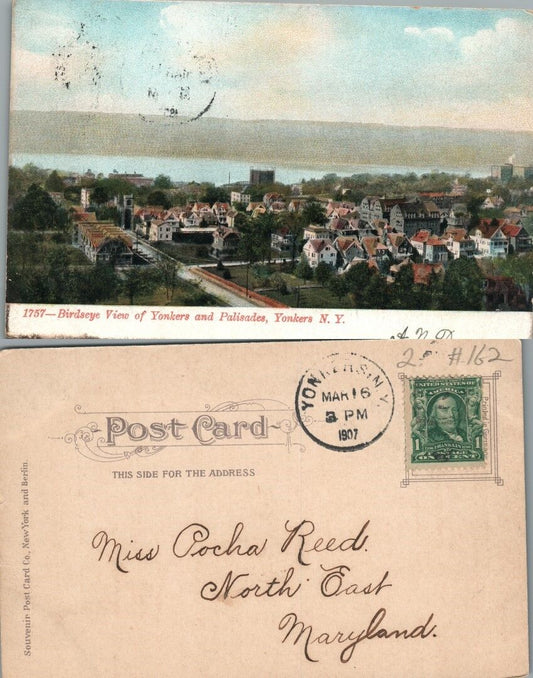 BIRDSEYE VIEW OF YONKERS & PALISADES N.Y. 1907 UNDIVIDED ANTIQUE POSTCARD