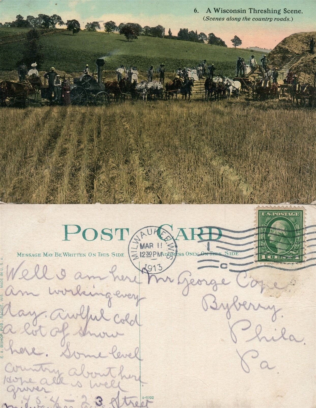 WISCONSIN THRESHING SCENE 1913 ANTIQUE POSTCARD