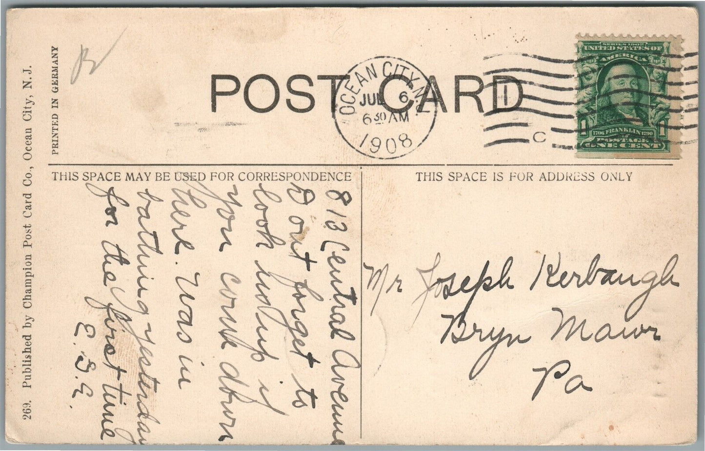 OCEAN CITY NJ WESLEY AVENUE ANTIQUE POSTCARD