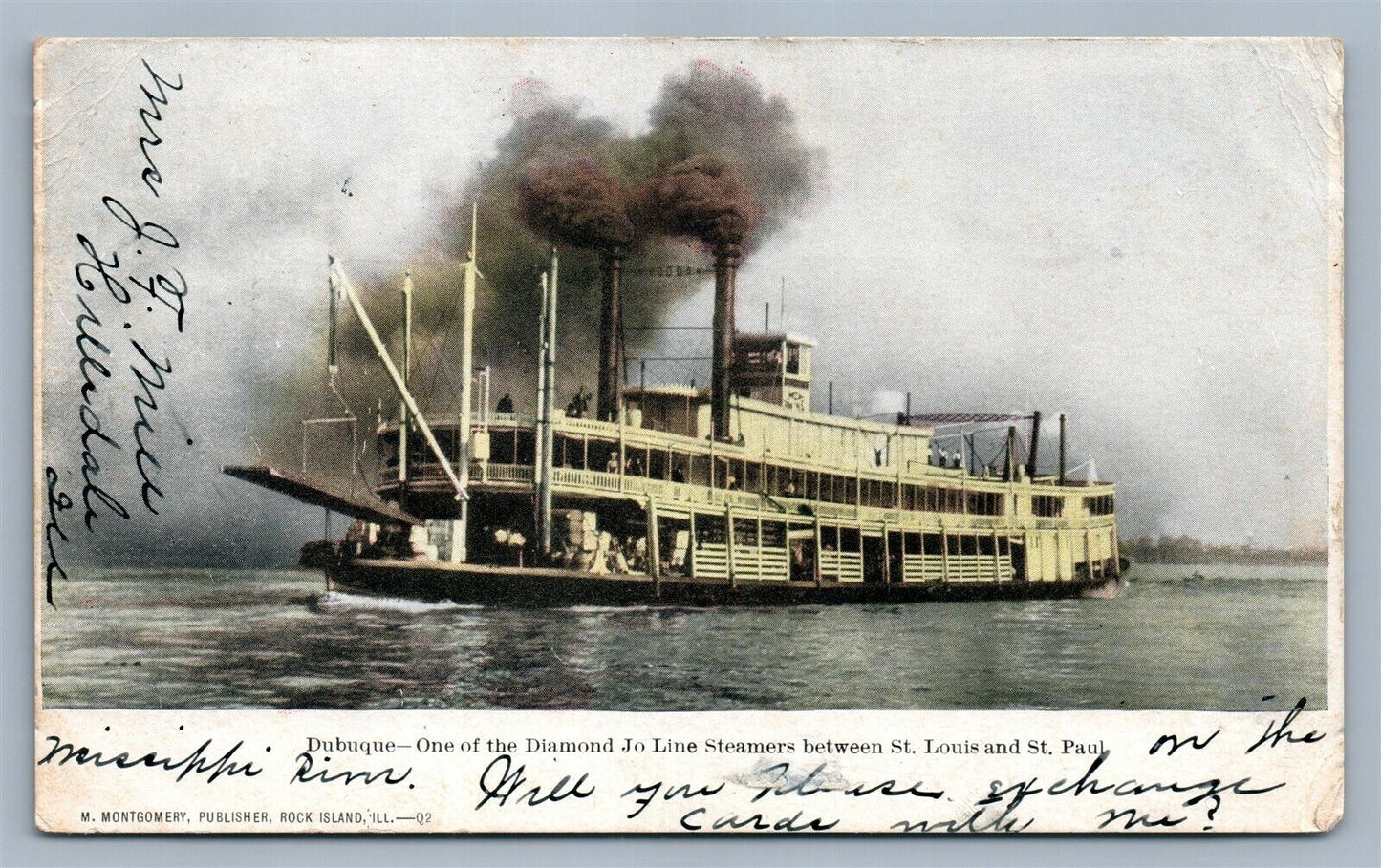 DUBUQUE JO LINE STEAMER SHIP between ST.LOUIS & ST.PAUL ANTIQUE POSTCARD