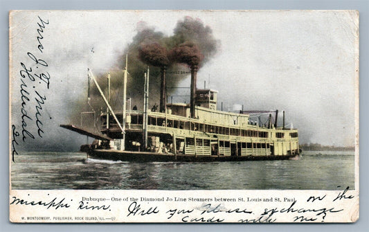 DUBUQUE JO LINE STEAMER SHIP between ST.LOUIS & ST.PAUL ANTIQUE POSTCARD