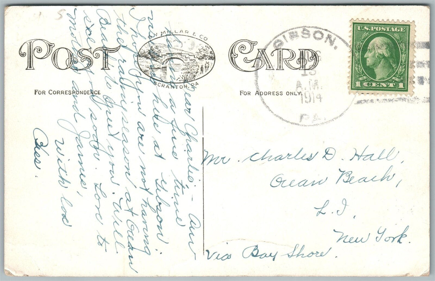 GIBSON PA CHURCH STREET 1914 ANTIQUE POSTCARD