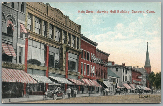 DANBURY CT MAIN STREET HULL BUILDING ANTIQUE POSTCARD