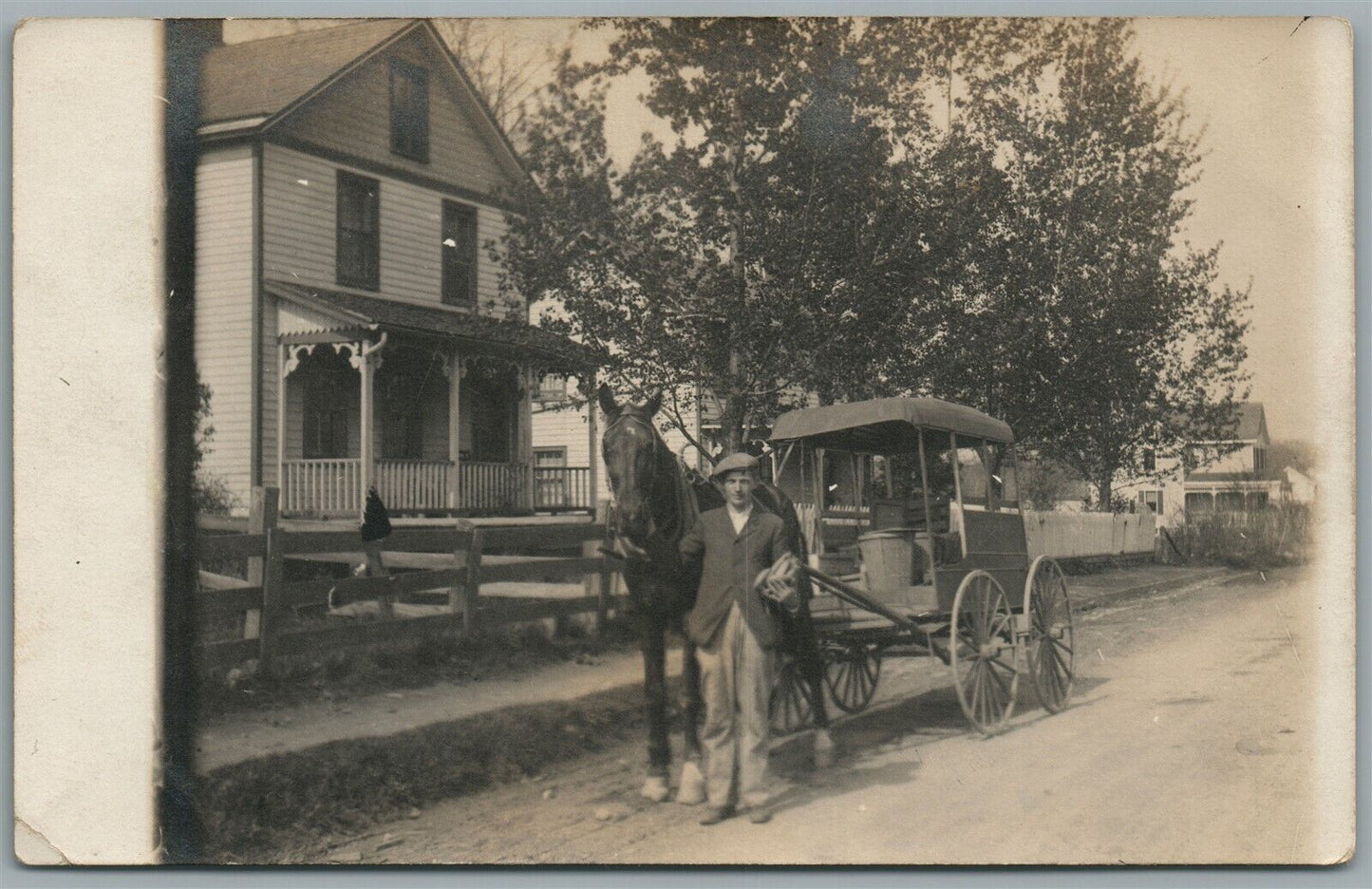 YOUNG MAN w/ HORSE WAGON ANTIQUE REAL PHOTO POSTCARD RPPC