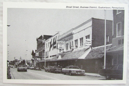 BROAD STREET BUSINESS DISTRICT QUAKERTOWN PA VINTAGE POSTCARD cars store signs