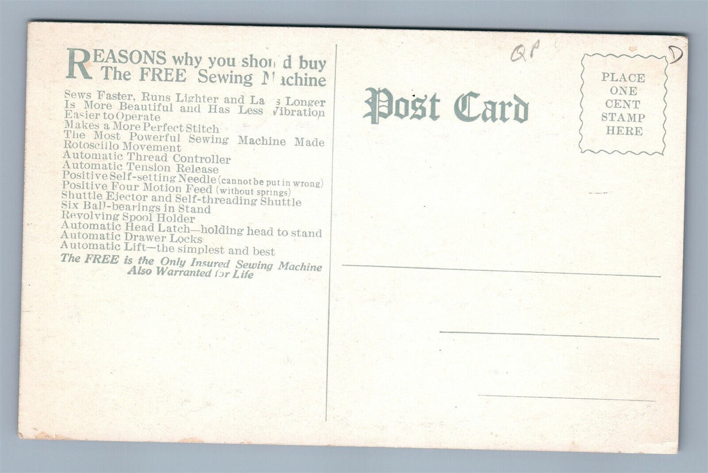 FREE SEWING MACHINE ADVERTISING ANTIQUE POSTCARD