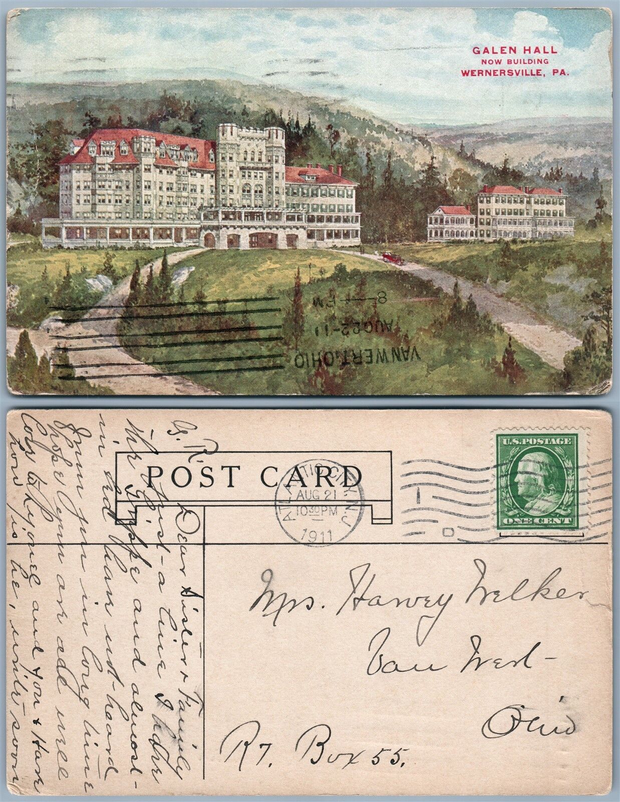 WERNERSVILLE PA GALEN HALL 1911 ANTIQUE POSTCARD