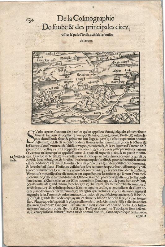 1575 BAVARIA MAP LEAF from BELLEFOREST EDITION of MUNSTER COSMOGRAPHY