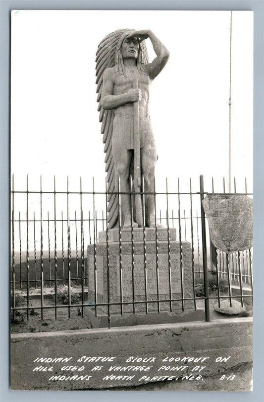 AMERICAN SIOUX INDIAN STATUE NORTH PLATTE NE VINTAGE REAL PHOTO POSTCARD RPPC