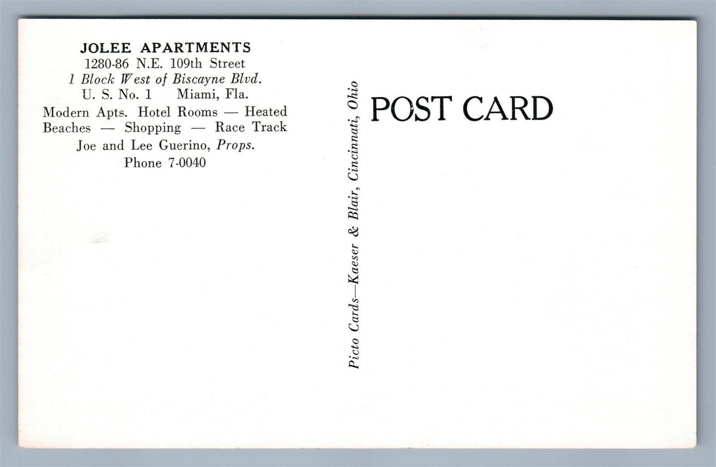 MIAMI FL JOLEE APARTMENTS ANTIQUE POSTCARD