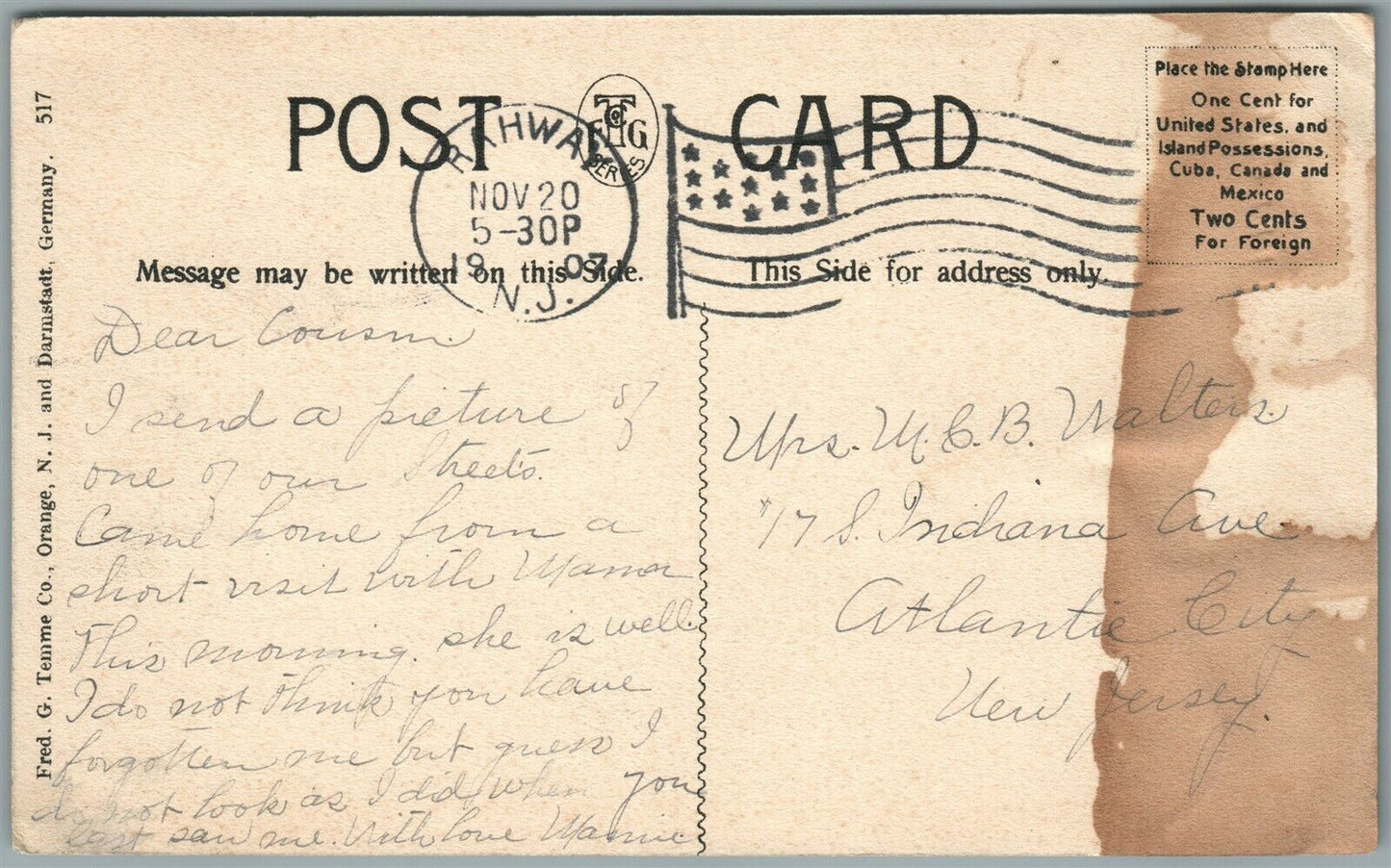 RAHWAY NJ CHERRY STREET ANTIQUE POSTCARD