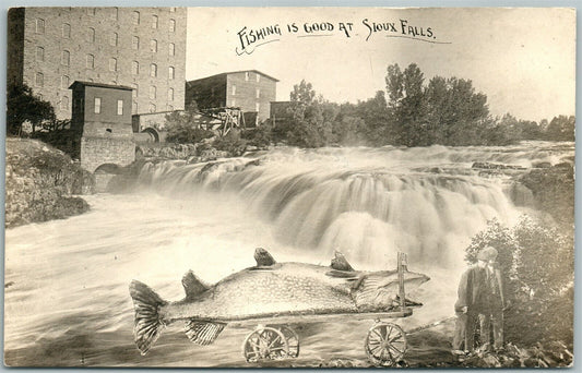 SIOUX FALLS S.D. FISHING EXAGGERATED 1910 ANTIQUE REAL PHOTO RPPC PHOTOMONTAGE