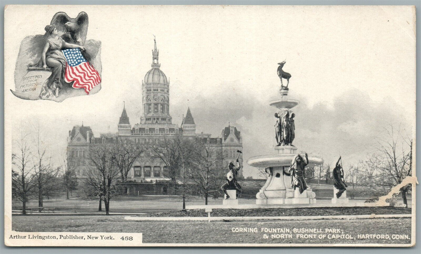 HARTFORD CT CORNING FOUNTAIN ANTIQUE POSTCARD by ARTHUR LIVINGSTON