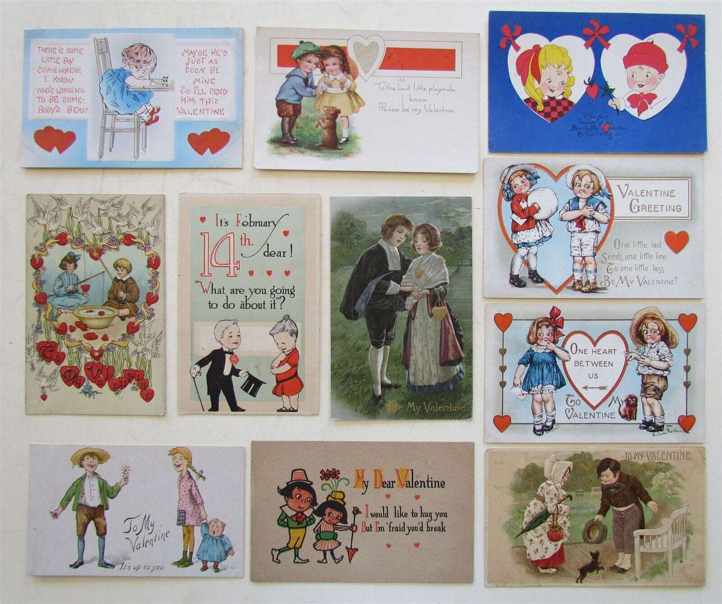 LOT of 11 VALENTINE ANTIQUE POSTCARDS w/ ROMANTIC KIDS