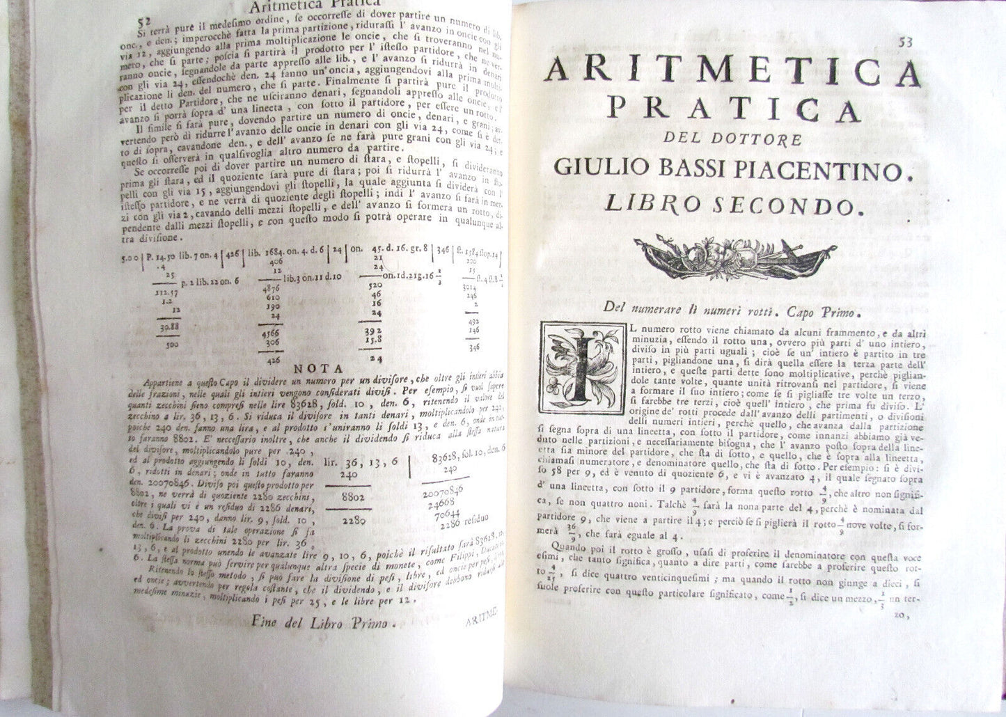 1765 Practical Arithmetic by Giulio Bassi 2 vols ARITMETICA PRACTICA MATHEMATICS