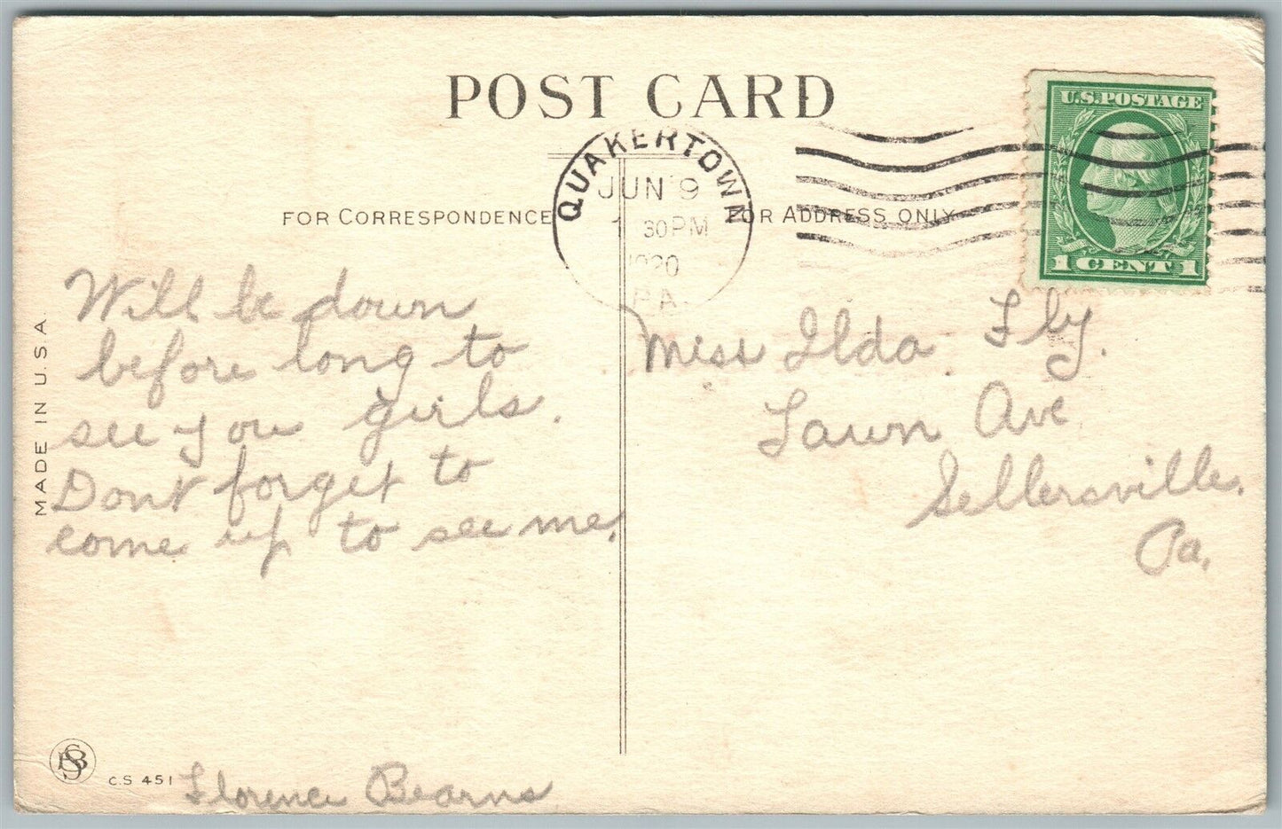 QUAKERTOWN PA BUCKS COUNTY 1920 ANTIQUE POSTCARD