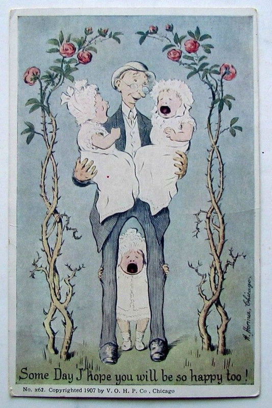 ANTIQUE 1907 COMIC POSTCARD MAN w/ 3 KIDS - SOME DAY YOU WILL BE SO HAPPY TOO