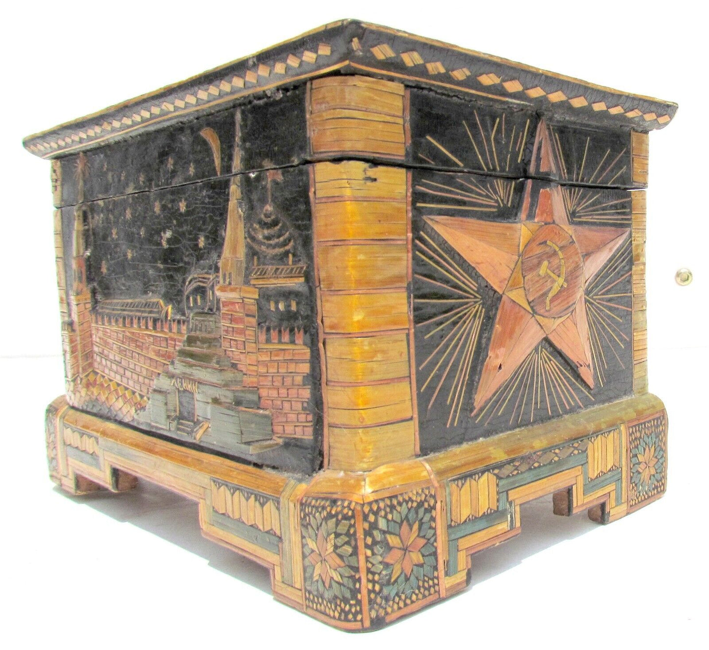 1954 RUSSIAN PROPAGANDA AMAZING STRAW MARQUETRY INLAID BOX folk art VINTAGE