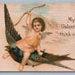 VALENTINE ANTIQUE EMBOSSED POSTCARD on SILK CUPID FLYING on BIRD