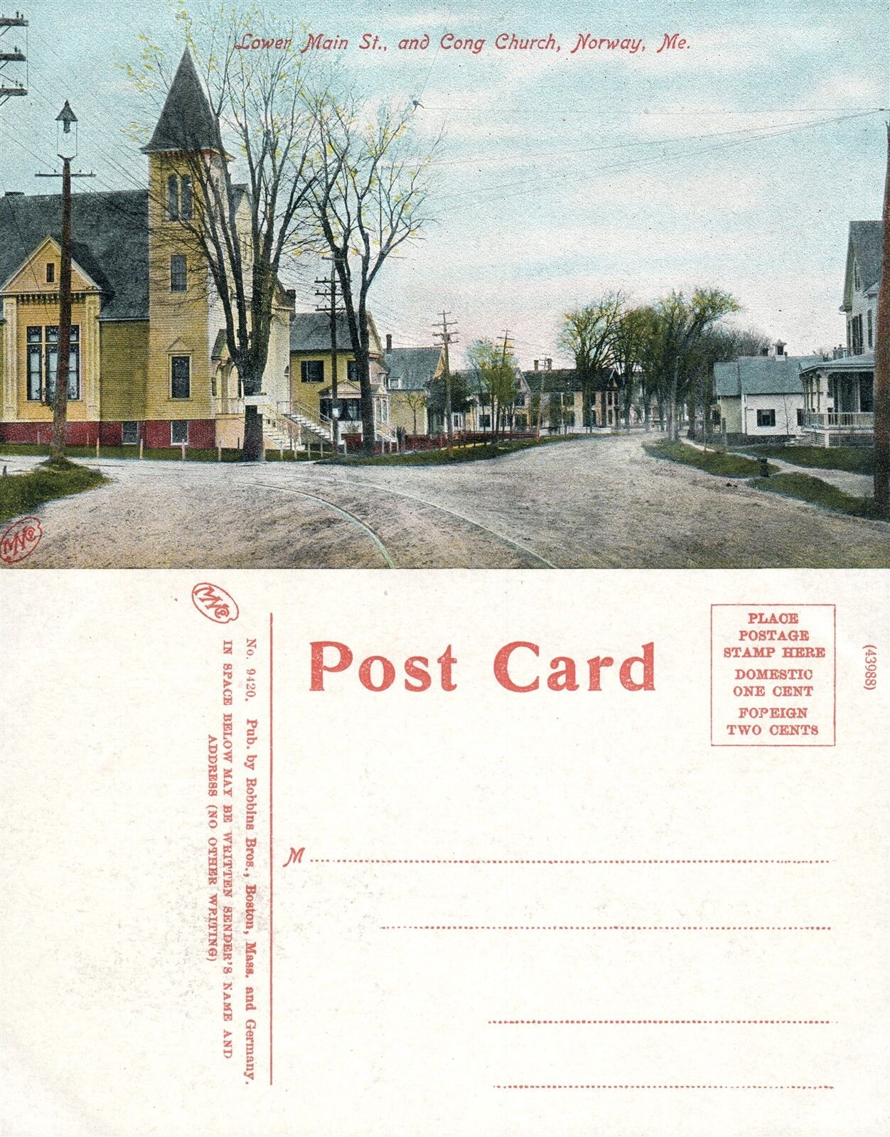 NORWAY ME LOWER MAIN STREET CONG CHURCH ANTIQUE POSTCARD