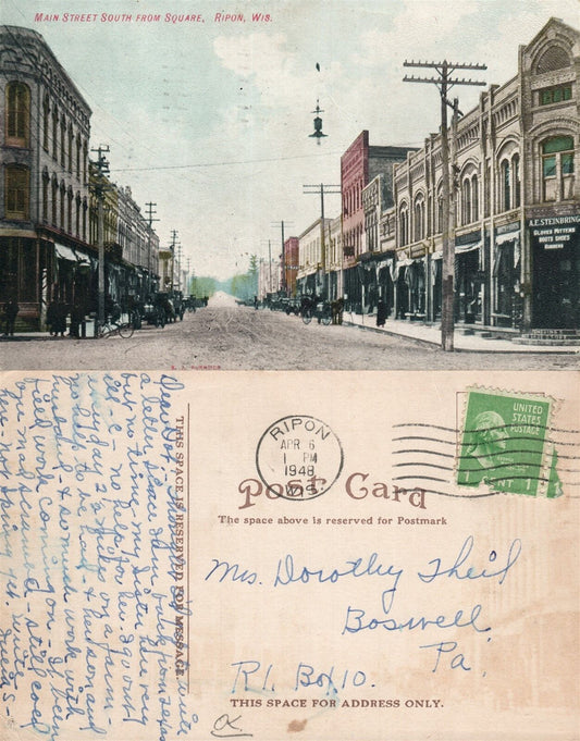 RIPON WI MAIN STREET FROM SQUARE 1948 VINTAGE POSTCARD