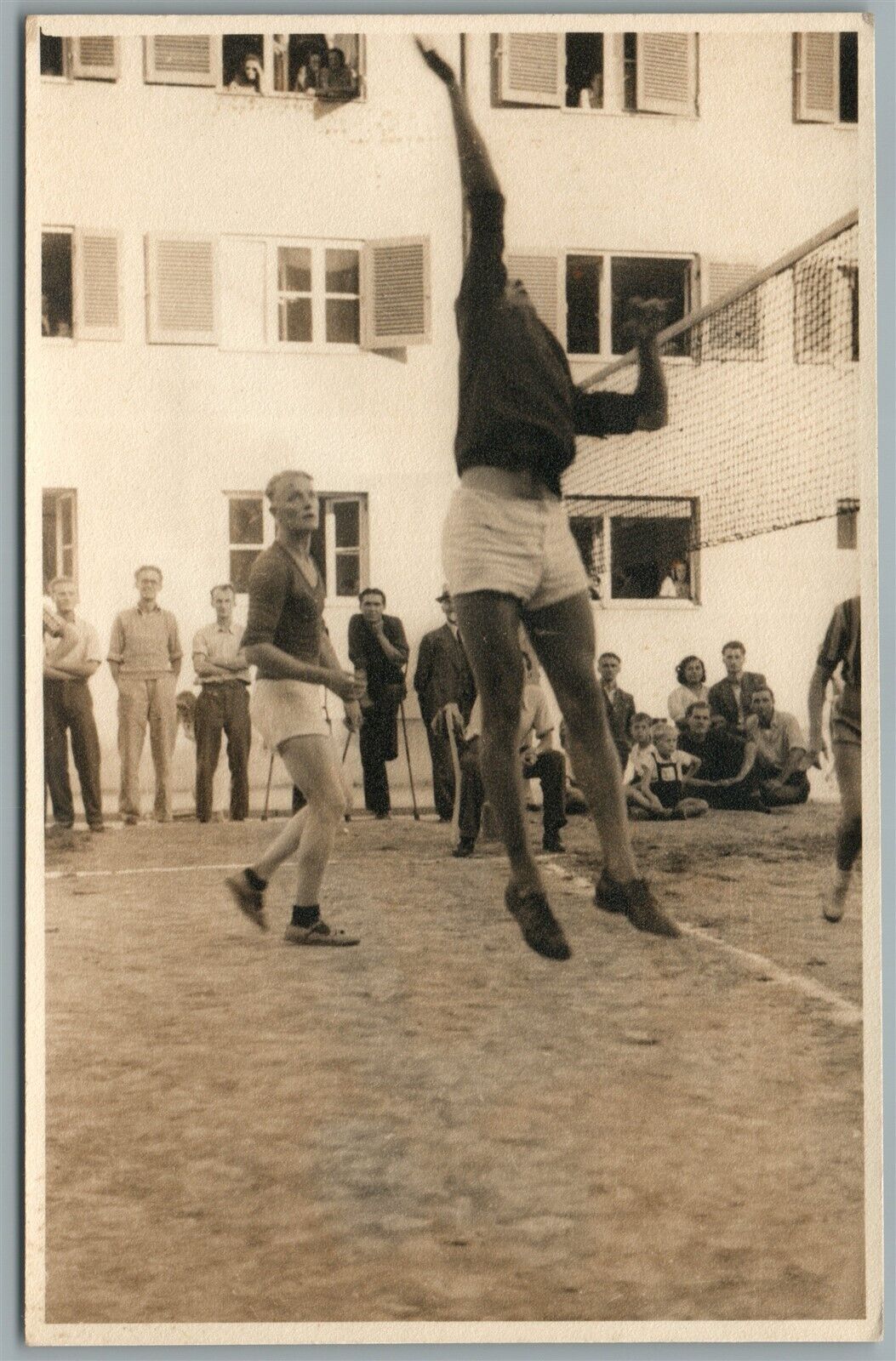 VOLLEYBALL PLAY ANTIQUE REAL PHOTO POSTCARD RPPC W/ ONE LEGGED DISABLED MAN