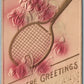 TENNIS RACKET EMBOSSED ANTIQUE POSTCARD greeting card