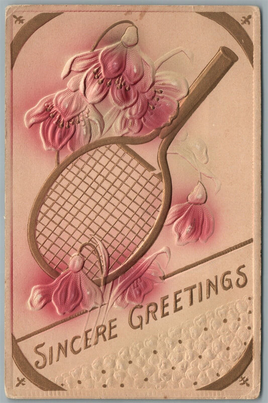 TENNIS RACKET EMBOSSED ANTIQUE POSTCARD greeting card