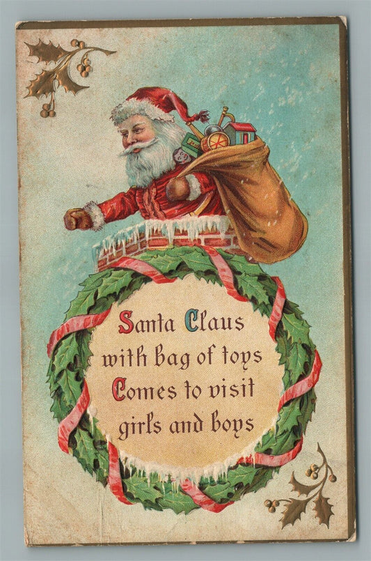 SANTA CLAUS w/ BAG OF TOPS COMES TO VISIT CHRISTMAS ANTIQUE POSTCARD