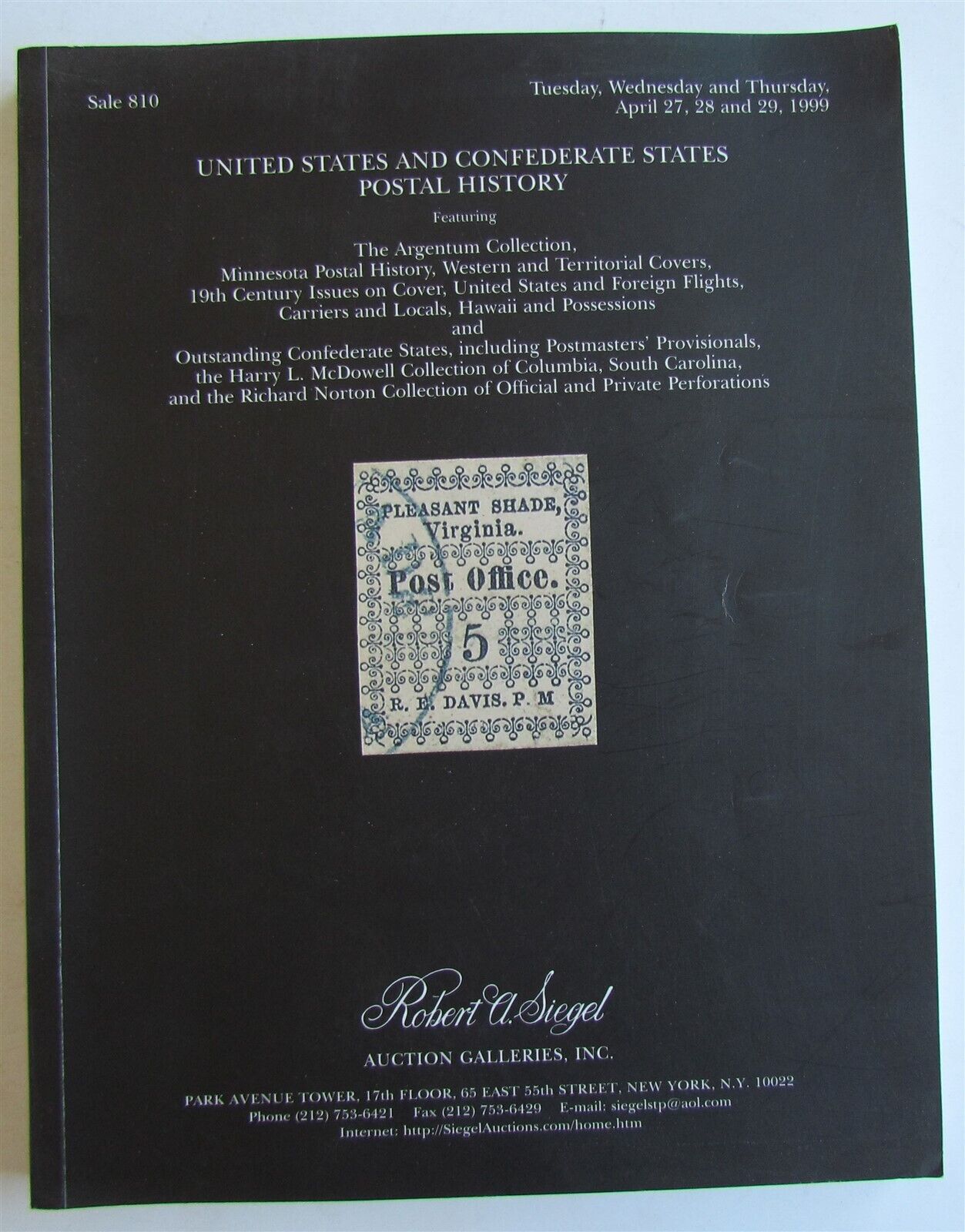 US & CONFEDERATE STATES POSTAL HISTORY 1999 ROBERT SIEGEL AUCTION CATALOG # 810