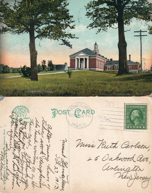 MT.HERMON MA WEST HALL 1913 ANTIQUE POSTCARD