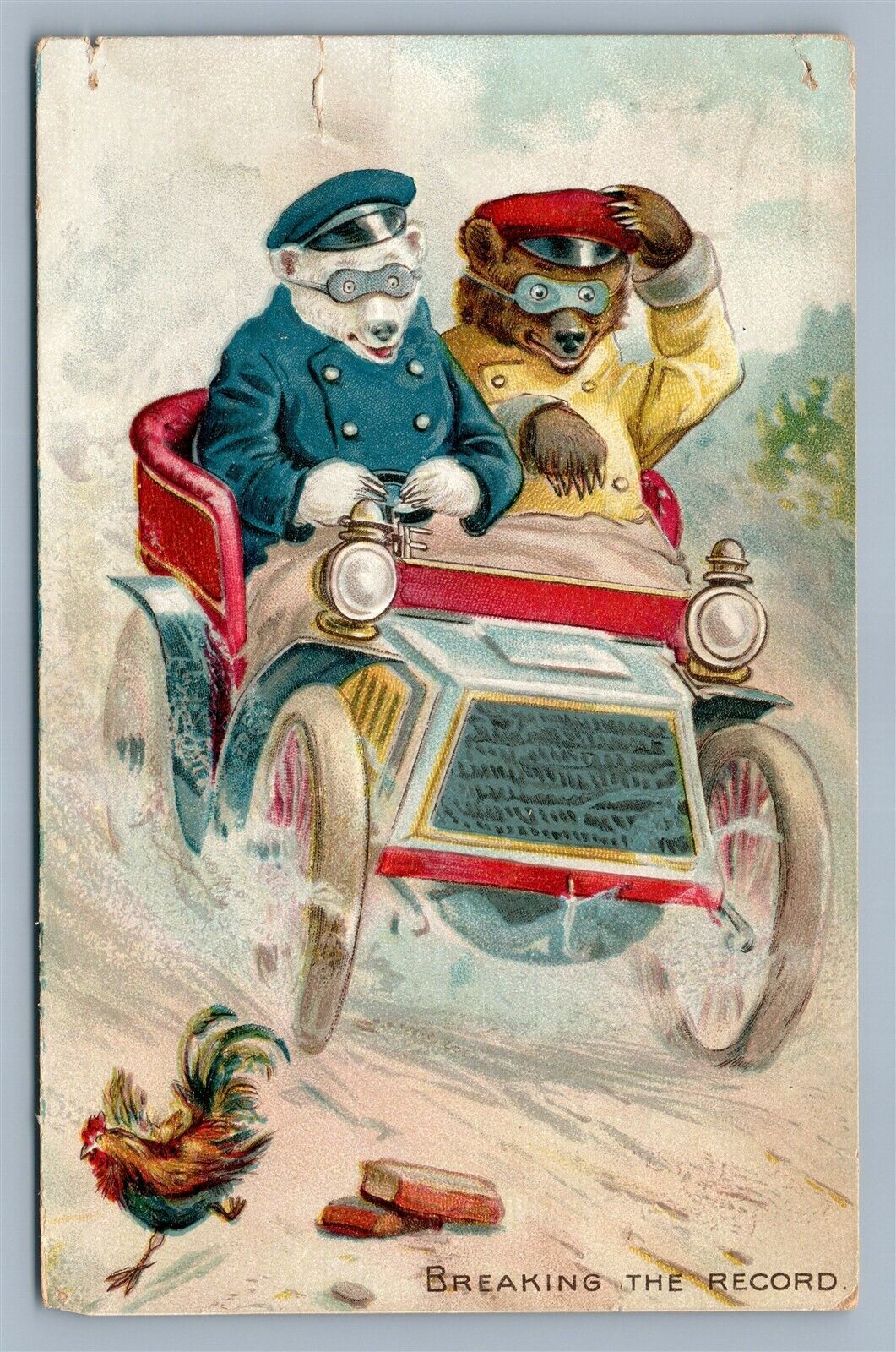 DRIVING LITTLE BEARS SERIES by R. TUCK ANTIQUE POSTCARD BREAKING THE RECORD