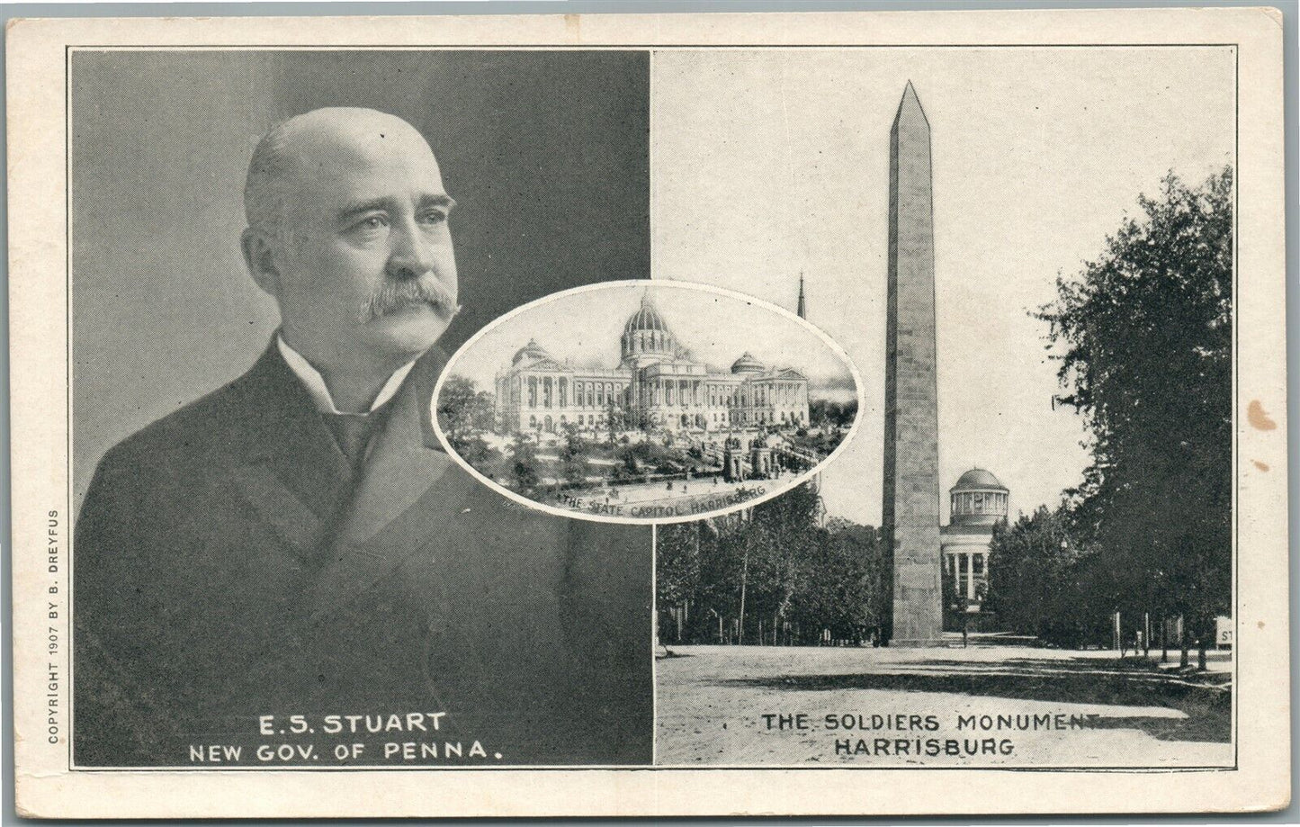 HARRISBURG PA SOLDIER'S MONUMENT E.S.STUART NEW GOV. of PENNA ANTIQUE POSTCARD