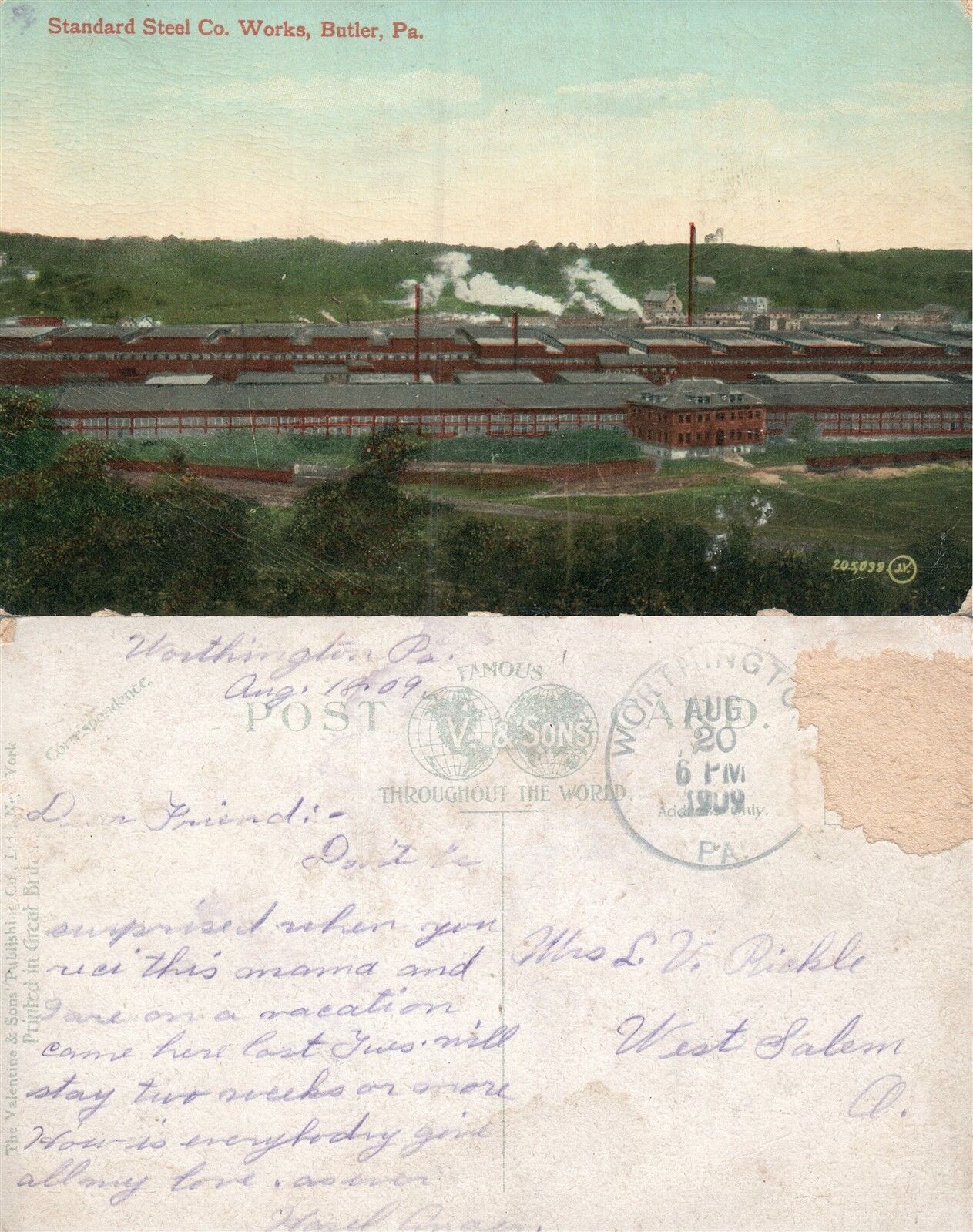 BUTLER PA STANDARD STEEL CO. WORKS 1909 ANTIQUE POSTCARD