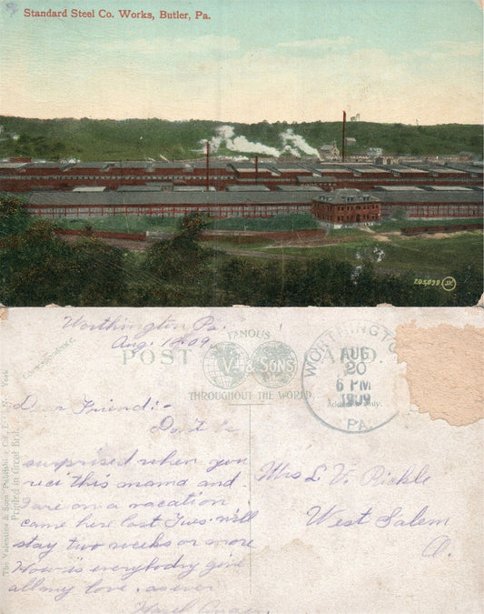 BUTLER PA STANDARD STEEL CO. WORKS 1909 ANTIQUE POSTCARD