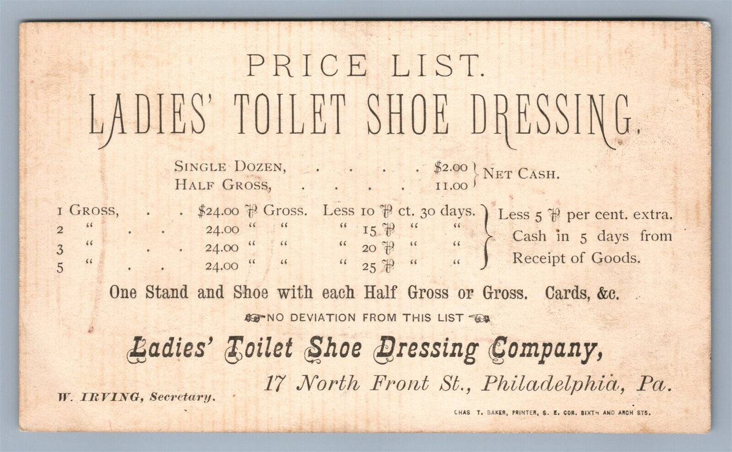 VICTORIAN TRADE CARD LADIES TOILET SHOE DRESSING CO. PHILADELPHIA PA antique